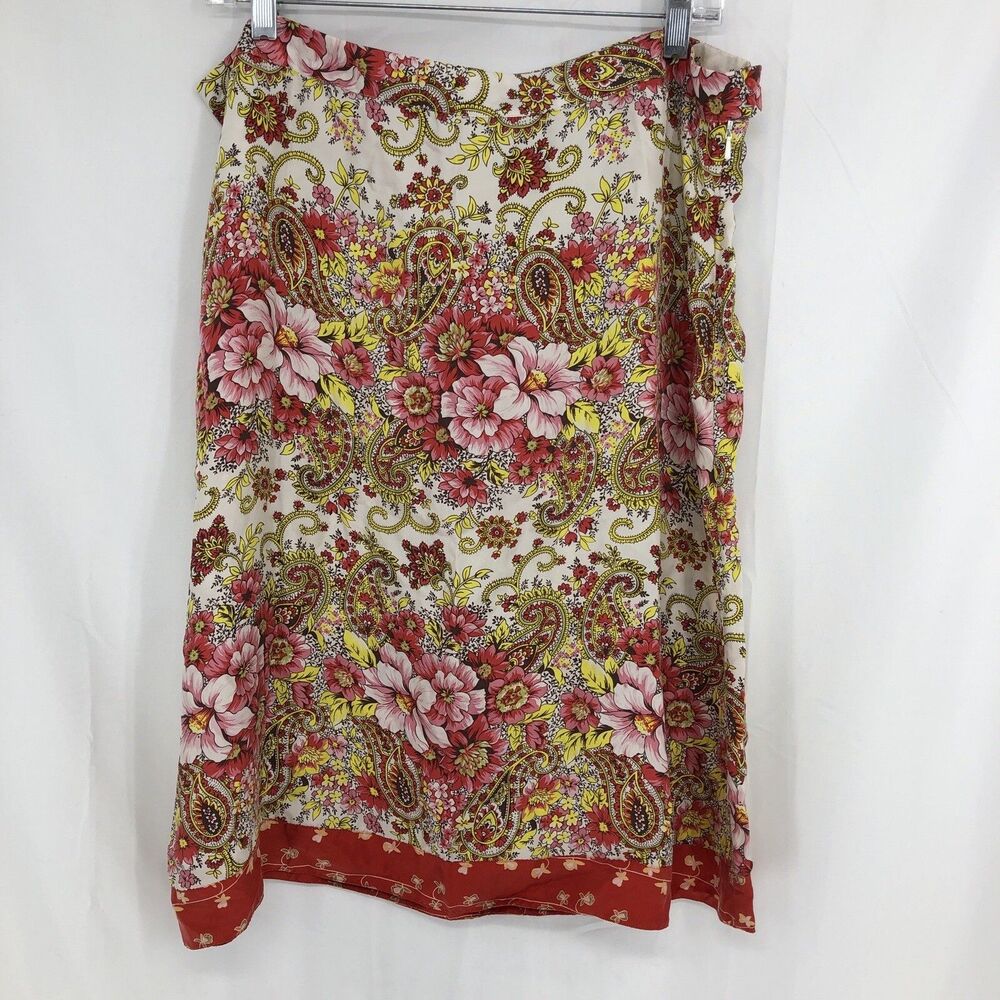 Old Navy 100% Silk Red Yellow Floral Paisley Boho A-Line Skirt 12 (36x24)